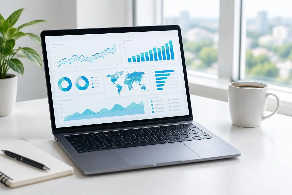 Laptop en un escritorio blanco con un panel de marketing y gráficas