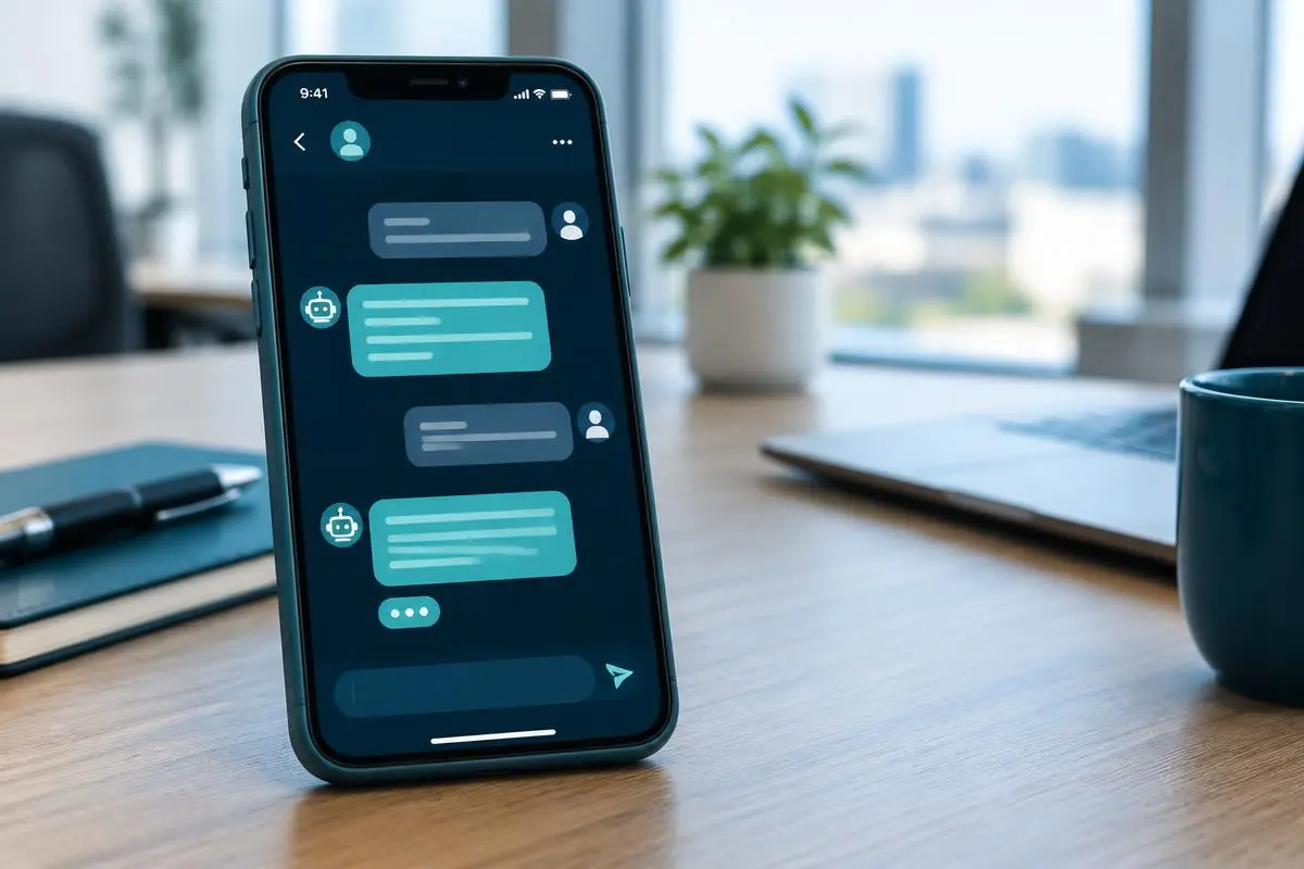 Smartphone showing an automated reply chat bubble, blurred office