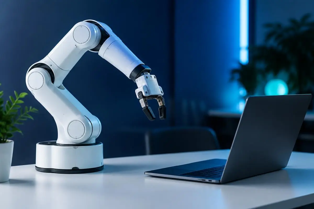 Abstract robotic arm softly lit beside a laptop on a white desk, navy and blue light