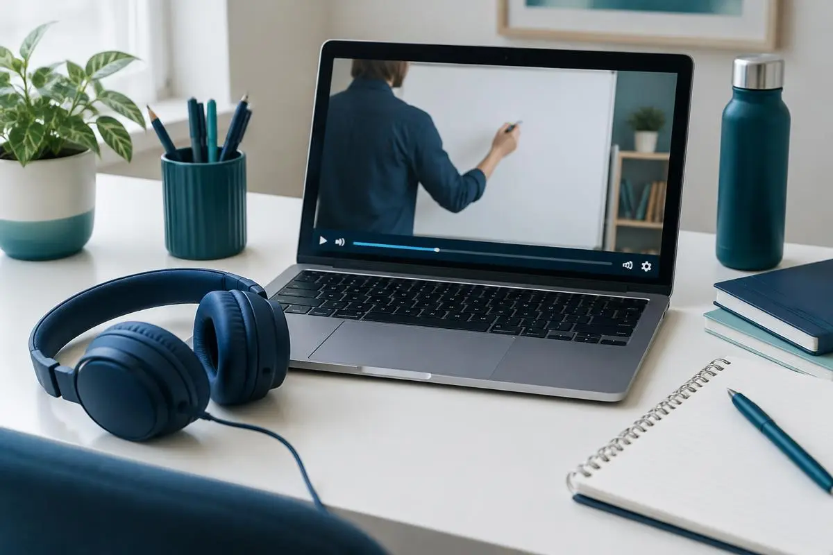 Laptop with an online lesson video and headphones on a desk
