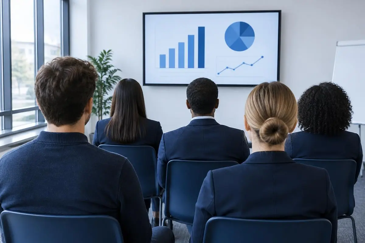 Small group seen from behind in a training session watching a presentation screen