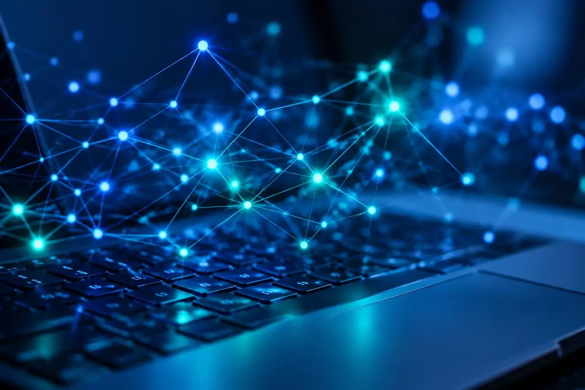 Abstract glowing network of connected nodes over a laptop keyboard, navy and royal blue light