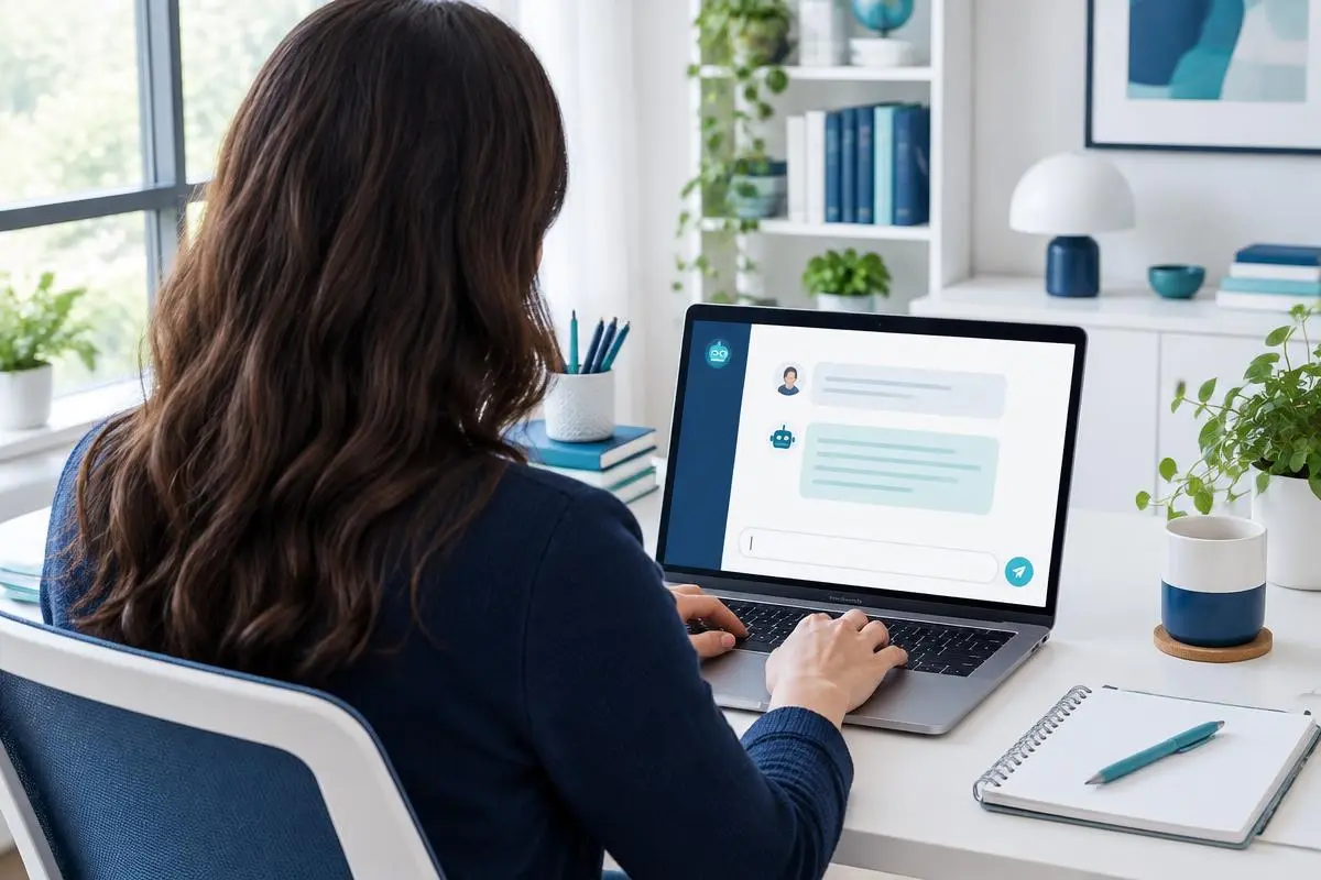 Person seen from behind typing a question into an AI chat assistant on a laptop in a bright modern home office