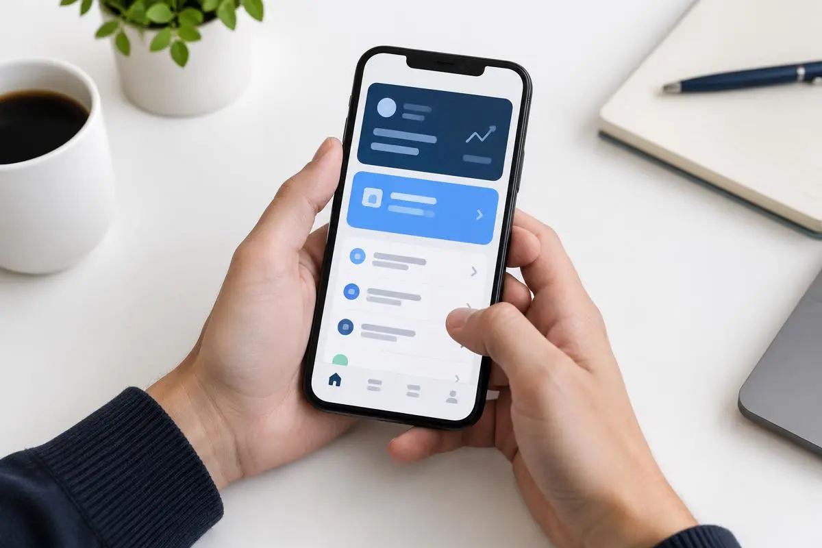 Hands holding a smartphone showing a clean mobile app interface, white desk
