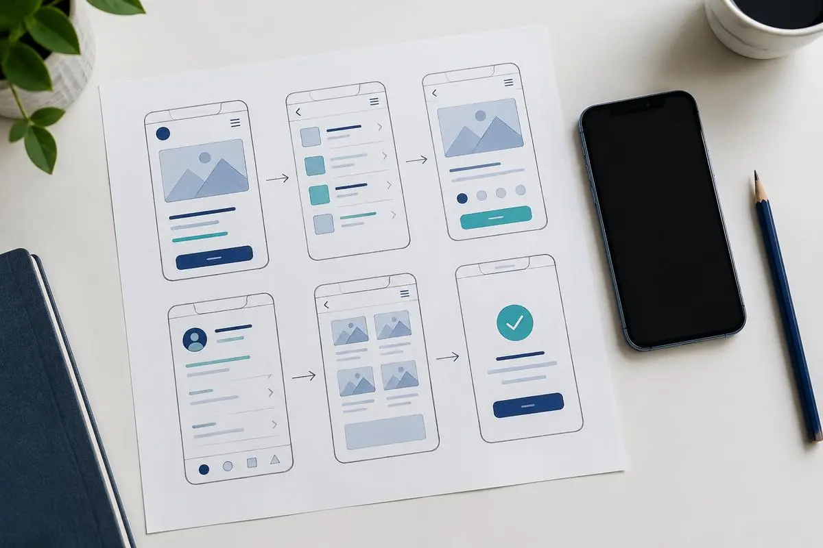 App wireframe sketches on paper beside a phone and pencil