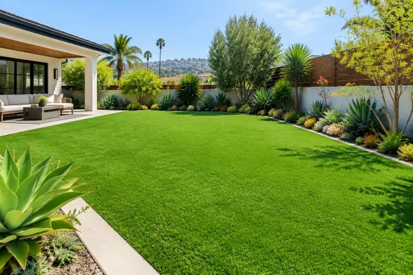 Green artificial turf lawn bordered by succulents in a modern backyard