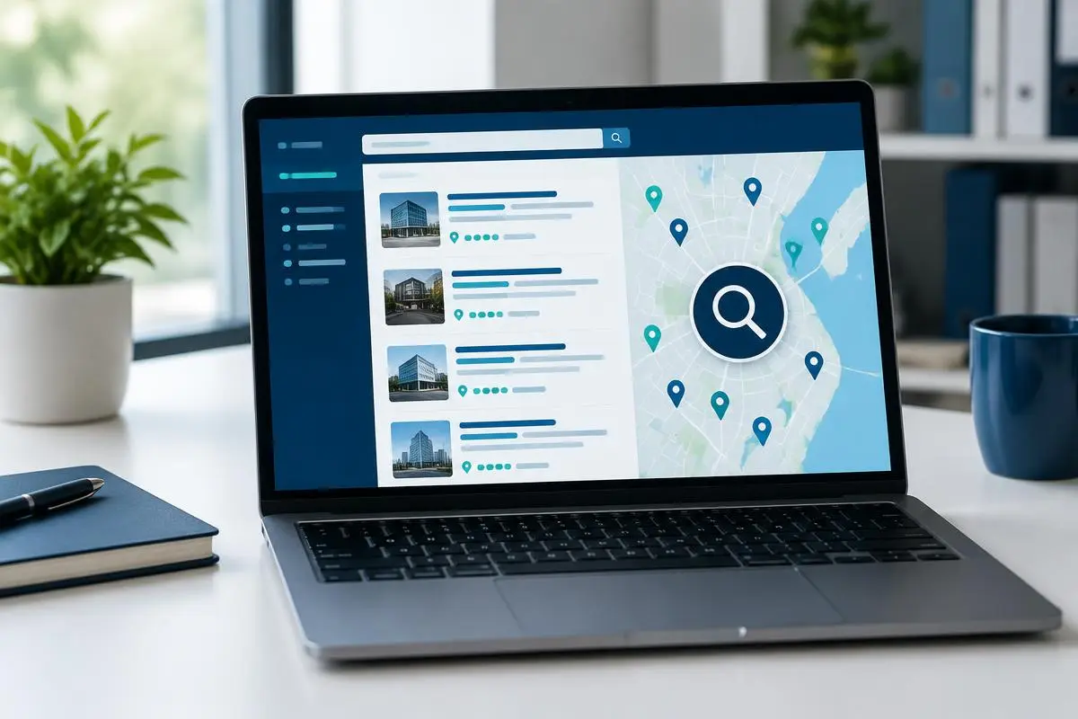 Laptop showing search results beside a map with location pins, an audit concept
