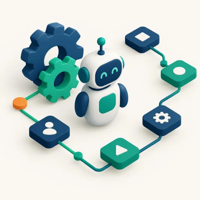 Ilustración de engranes, un robot amigable y pasos de trabajo conectados