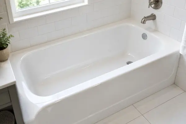 Freshly refinished glossy white bathtub in a tiled bathroom
