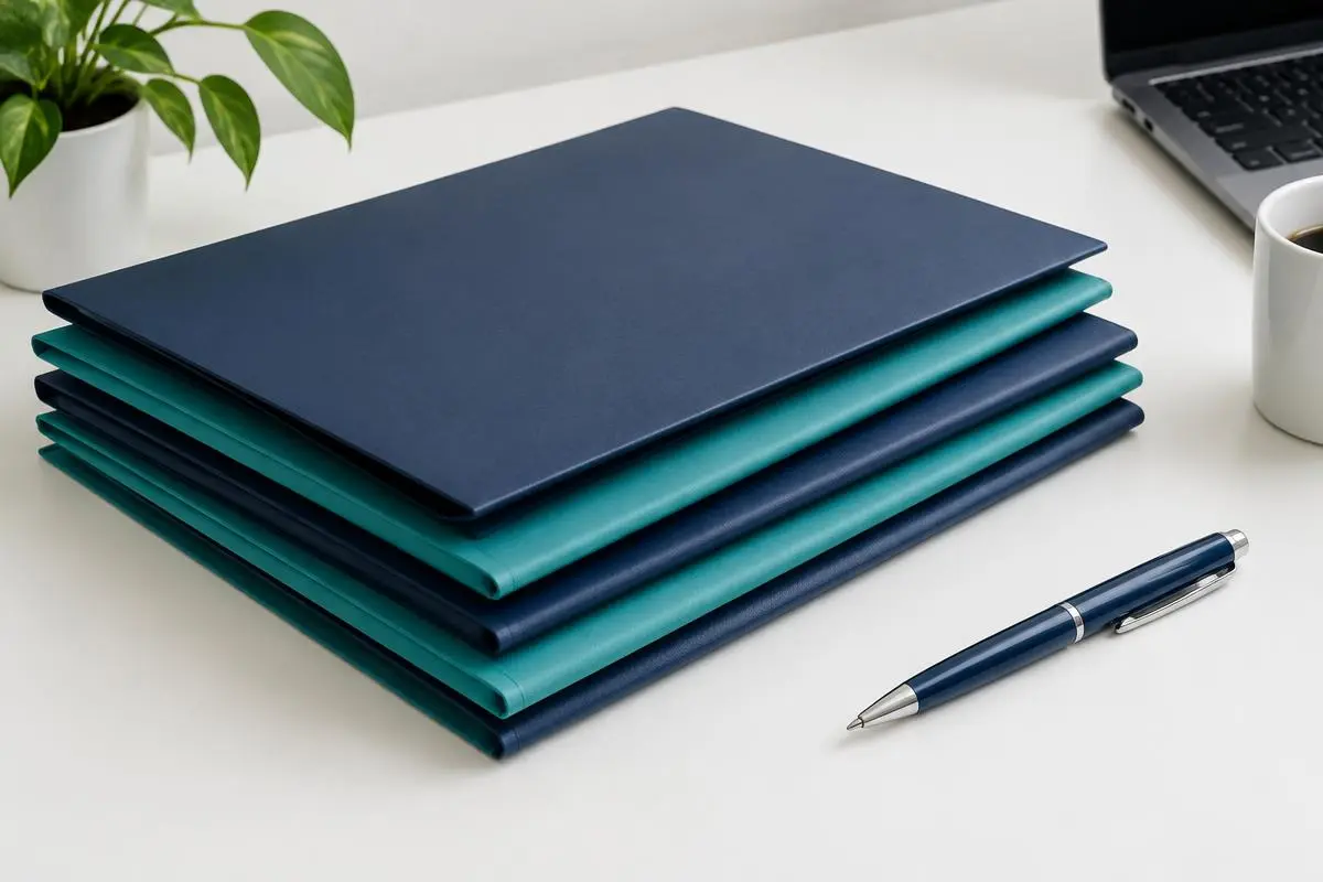Neat stack of business folders and a pen on a navy desk