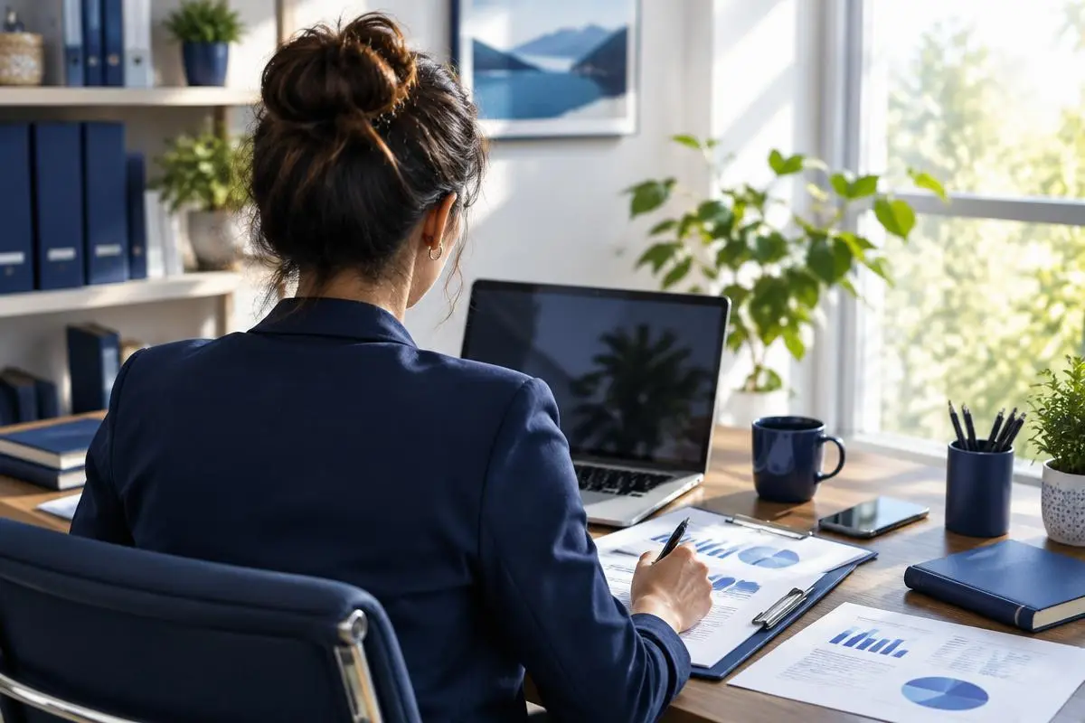 Small business owner from behind at a desk with business documents and a laptop