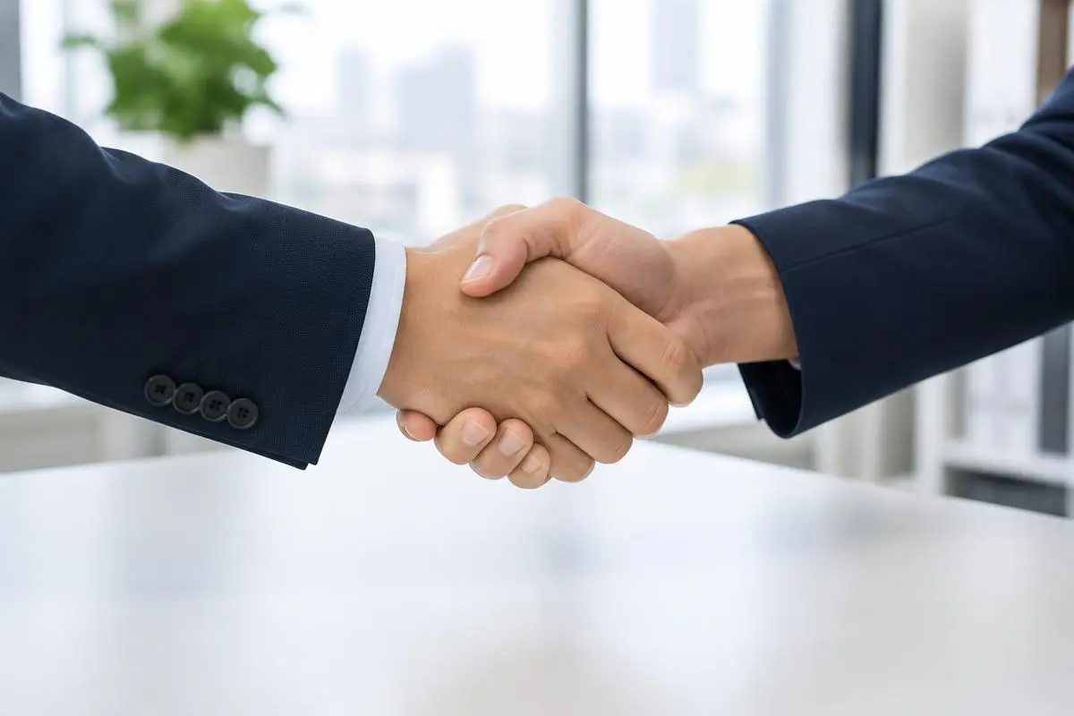 Handshake seen at a distance in a bright office, faces not visible