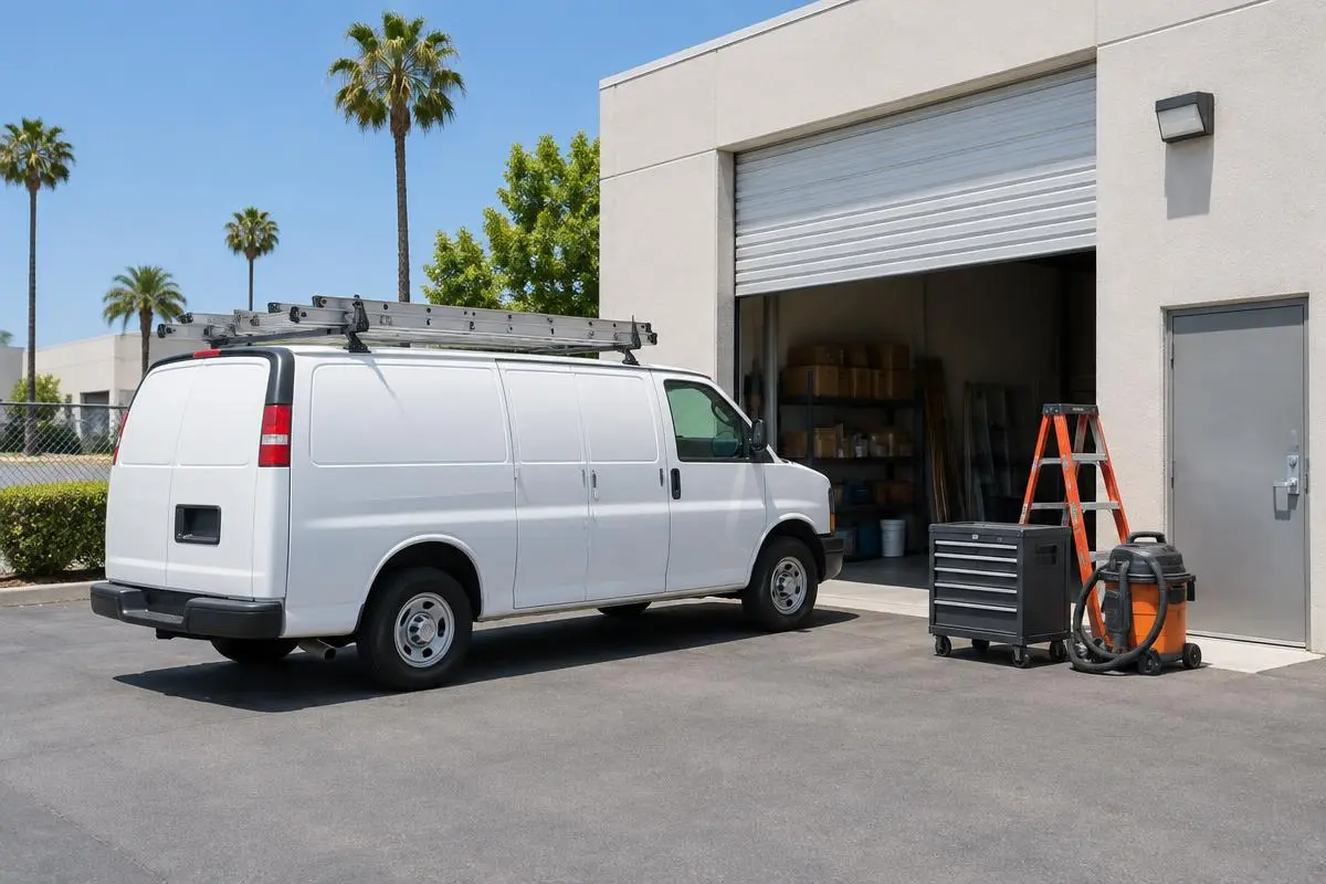 Commercial work van and equipment parked outside a small warehouse, sunny