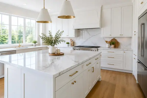White shaker cabinets with a marble look quartz island