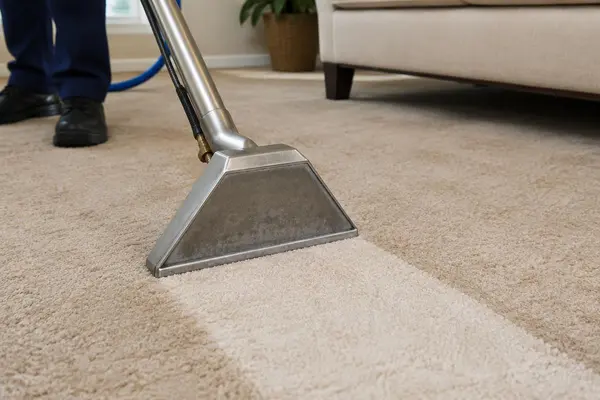 Carpet cleaning wand leaving a clean stripe on a beige carpet