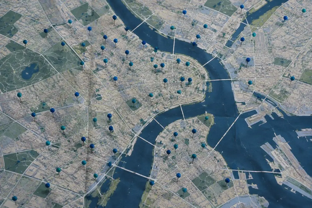 Overhead view of a city grid map with many small pins, navy and blue tones