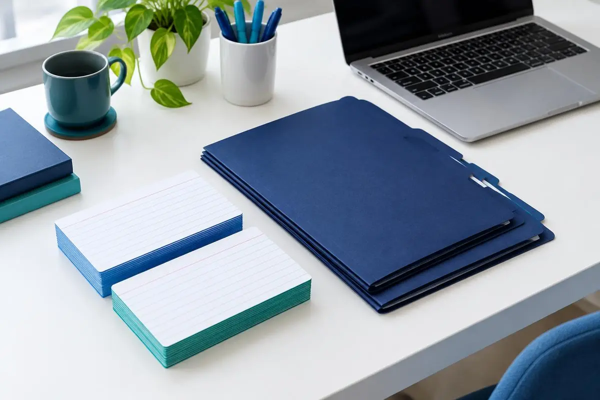 Neatly organized directory cards and folders on a white desk with a laptop