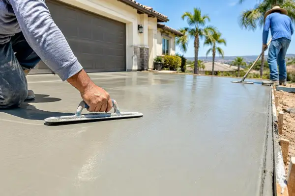 Concrete finisher troweling a fresh driveway at a Southern California home
