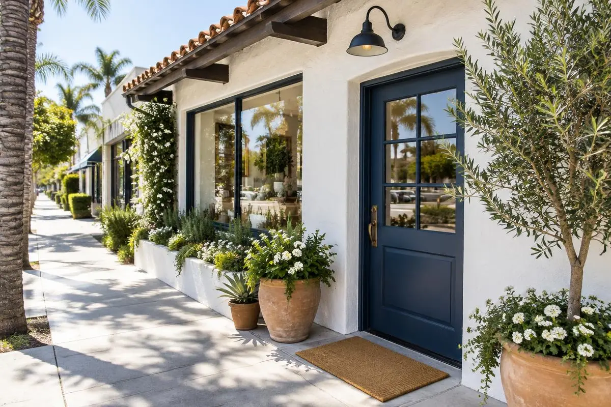 Local con puerta azul marino y plantas en una banqueta soleada