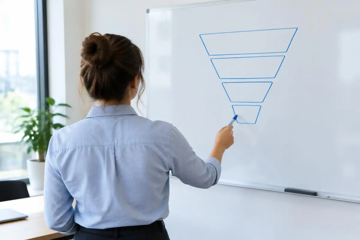 Person from behind pointing at a whiteboard with a simple funnel diagram