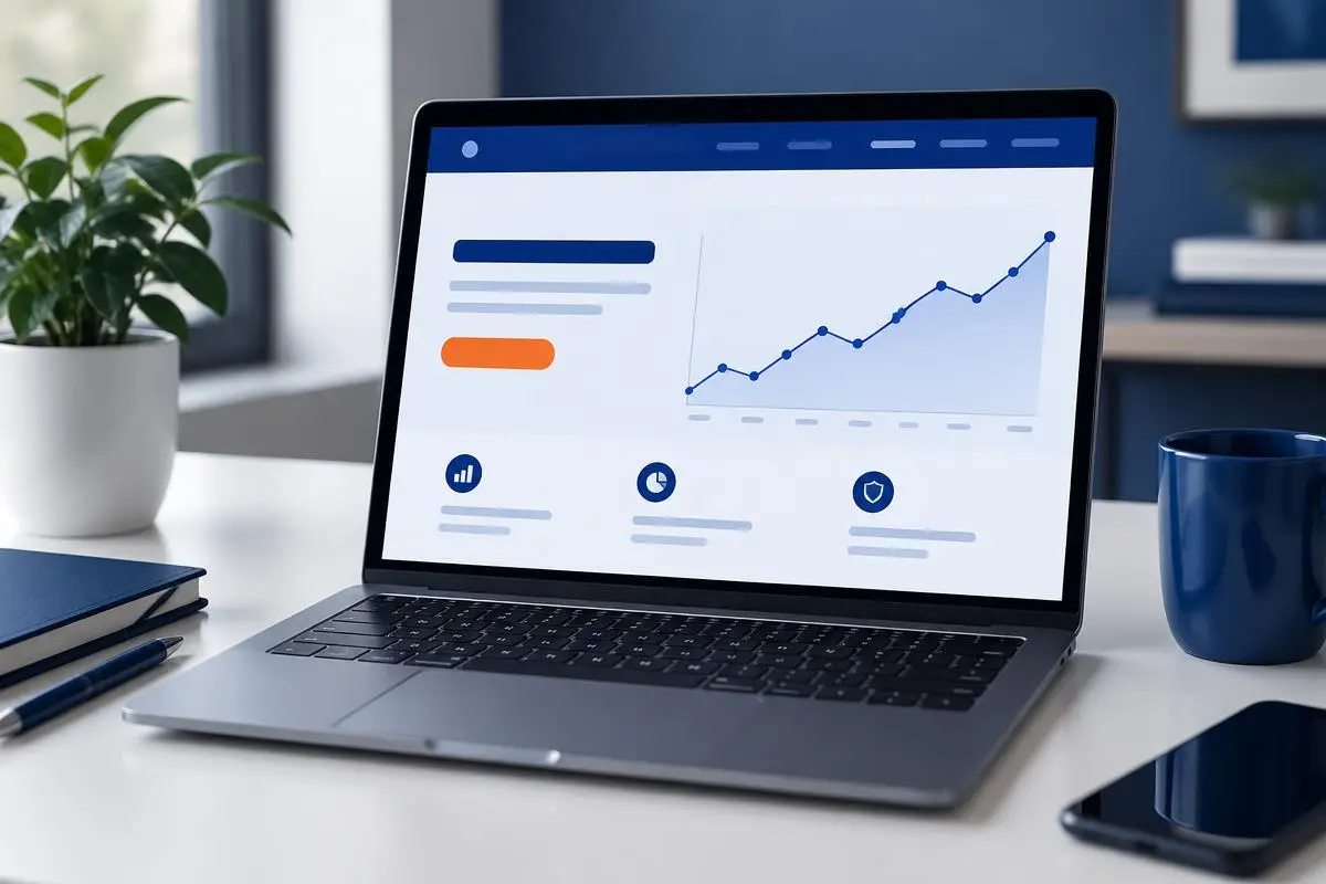 Laptop showing an upward trending line chart and a highlighted button on a webpage