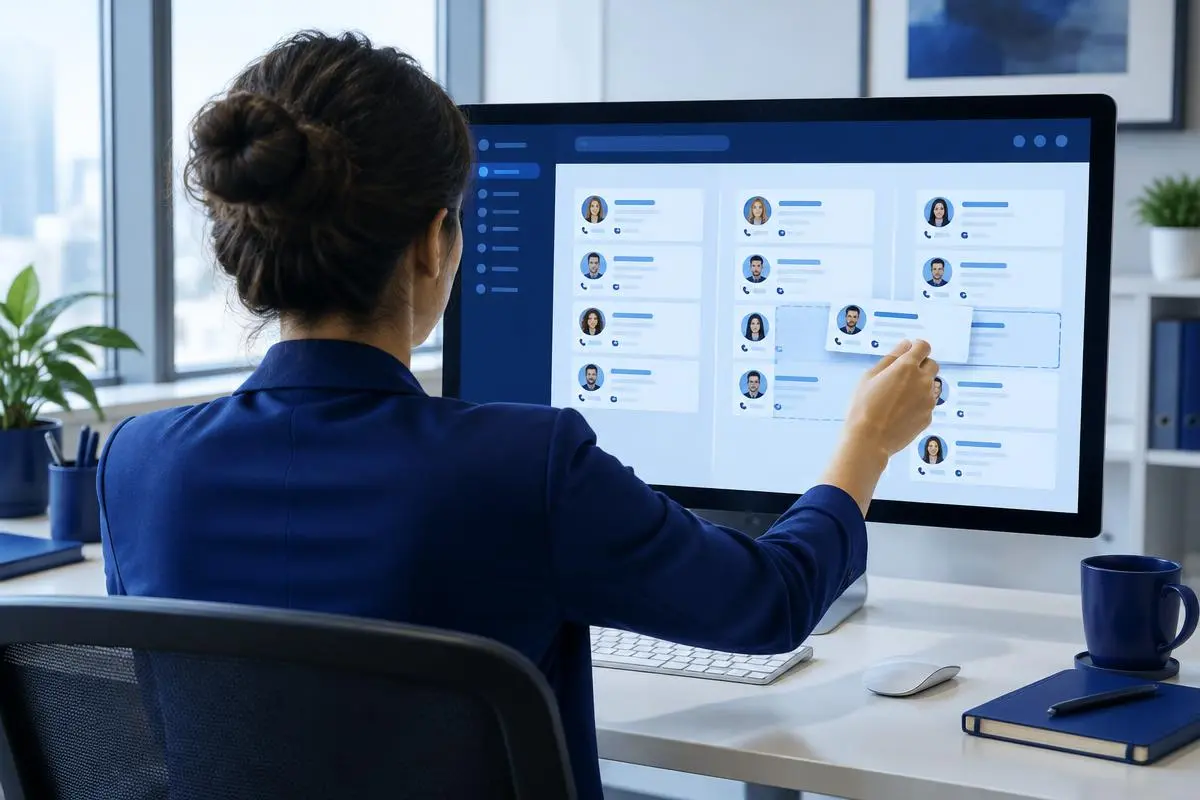 Person from behind organizing contacts on a large monitor