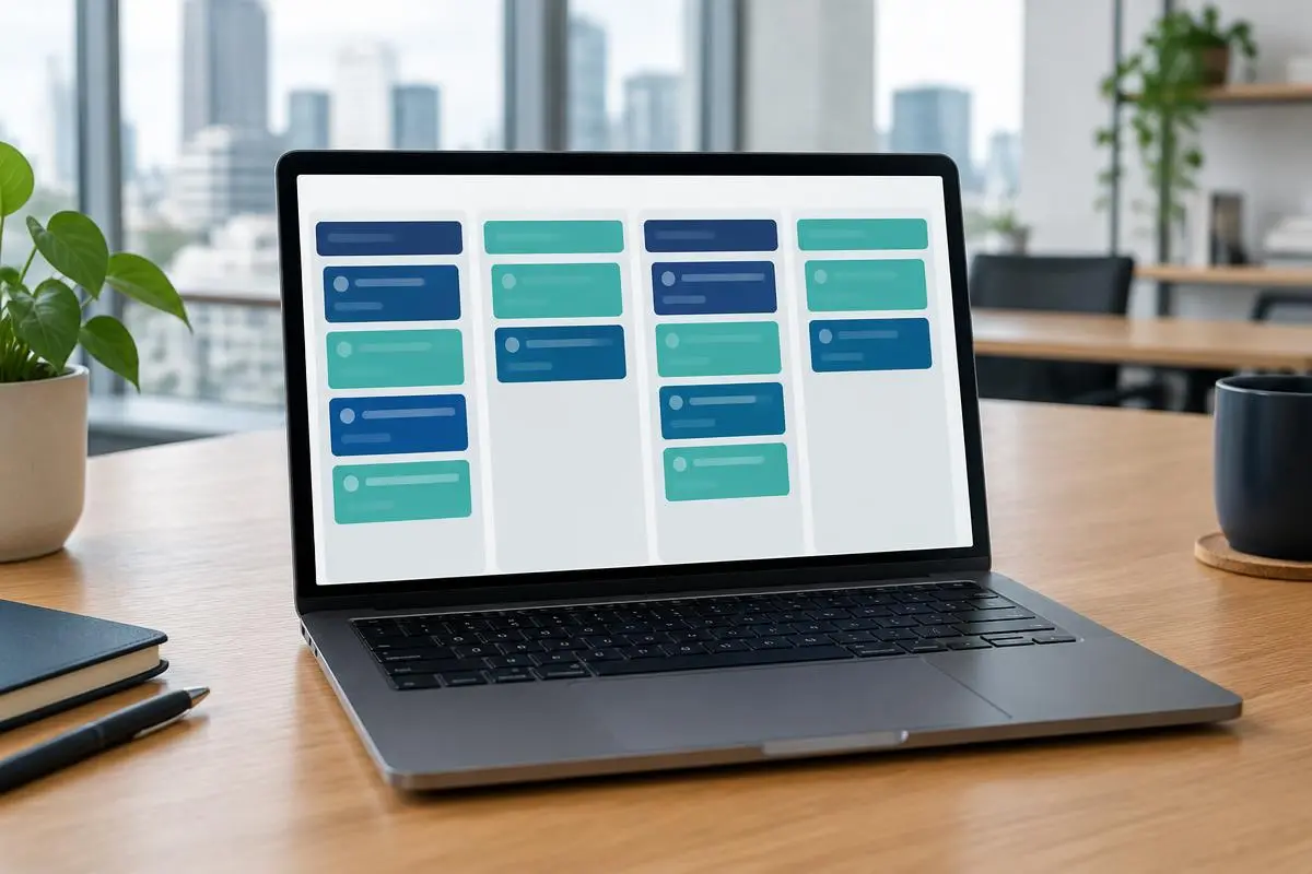 Laptop showing a kanban pipeline board of colored cards in a modern office