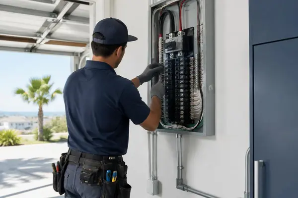 Electrician working on a breaker panel in a bright garage