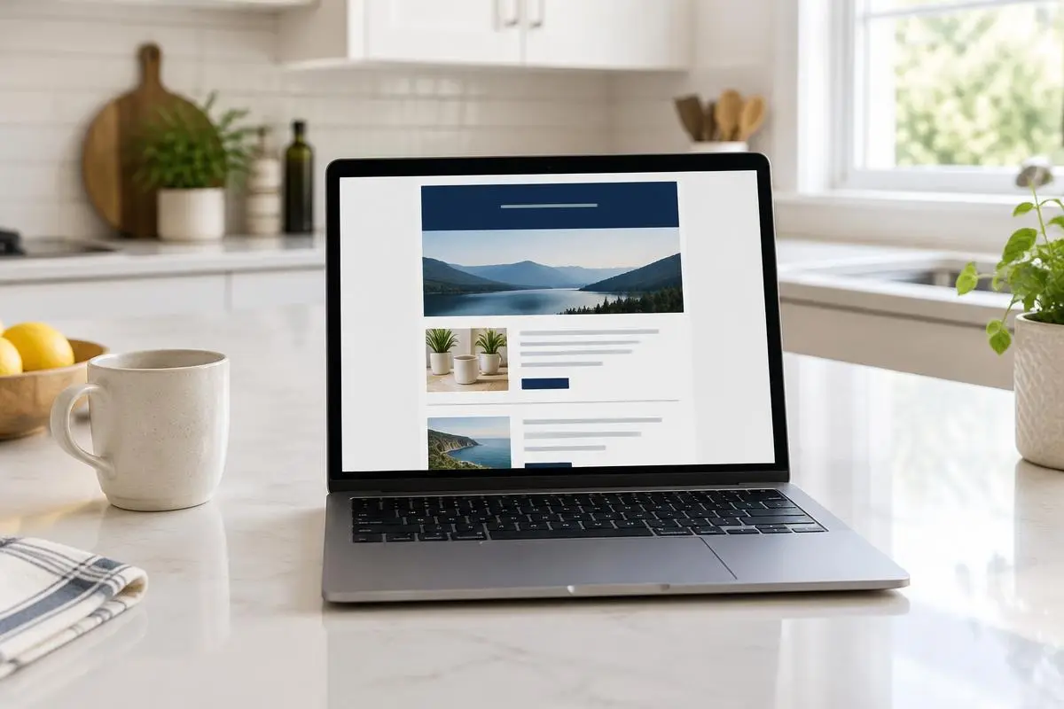 Laptop showing a clean email newsletter layout in a bright kitchen