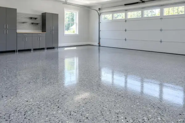 Glossy flake epoxy garage floor reflecting daylight