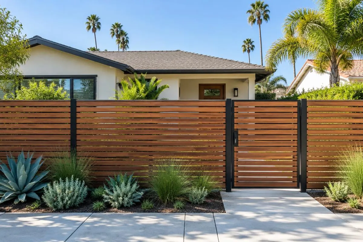 Horizontal wood slat fence and gate in front of a home