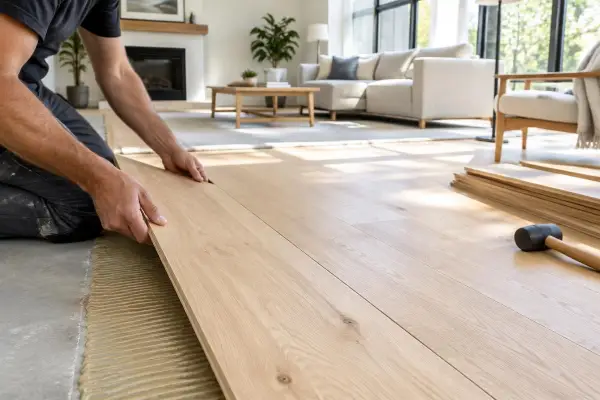 Installer laying light oak flooring planks in a sunlit living room