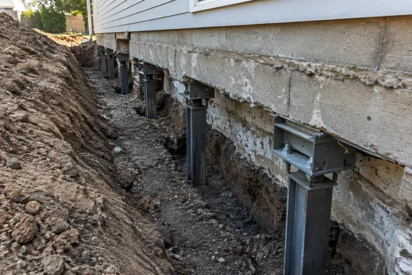 Steel piers supporting a home foundation in an excavated trench