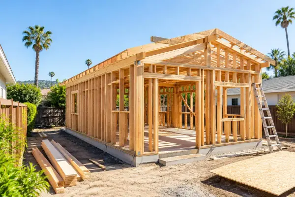 Wood framed backyard ADU under construction beside palm trees