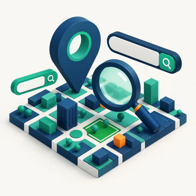 Illustration of a map pin and magnifying glass over a city grid