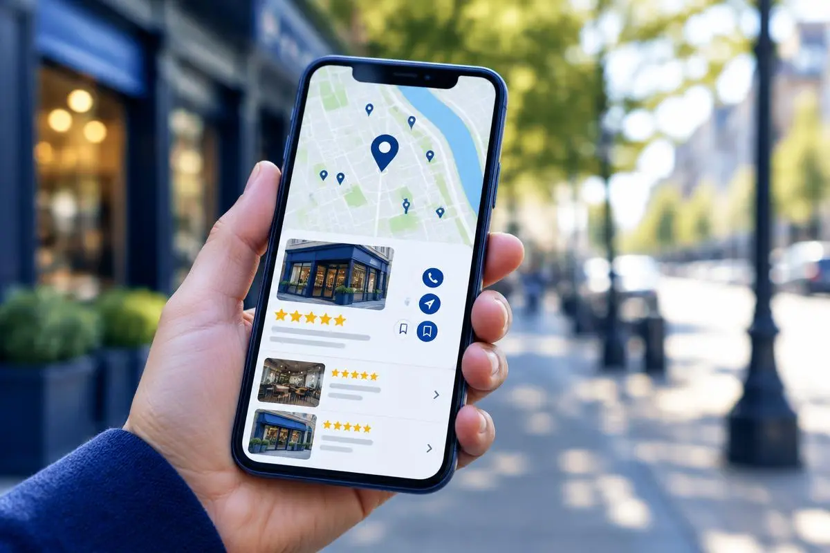 Hand holding a smartphone showing a business map listing with stars, blurred street behind