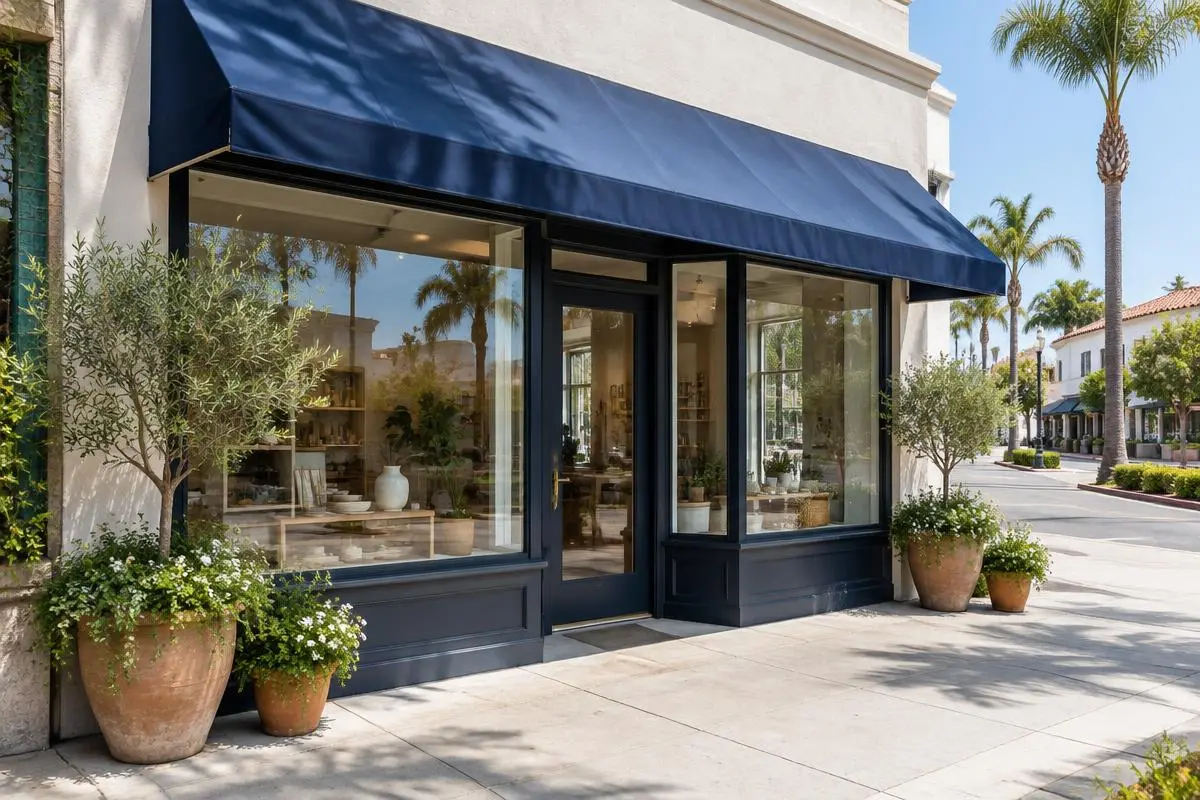 Small local storefront with large windows and potted plants on a sunny Southern California street