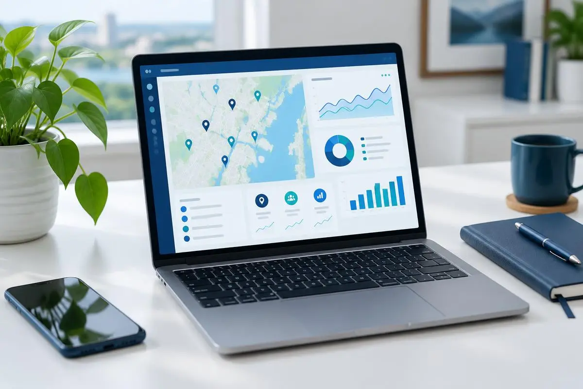 Laptop on a white desk showing a local map with pins and marketing charts