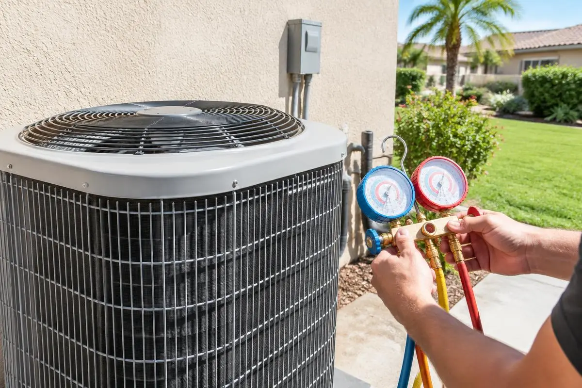 HVAC technician checking refrigerant gauges on an outdoor AC condenser
