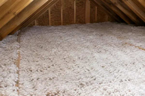 Blown in insulation covering an attic floor