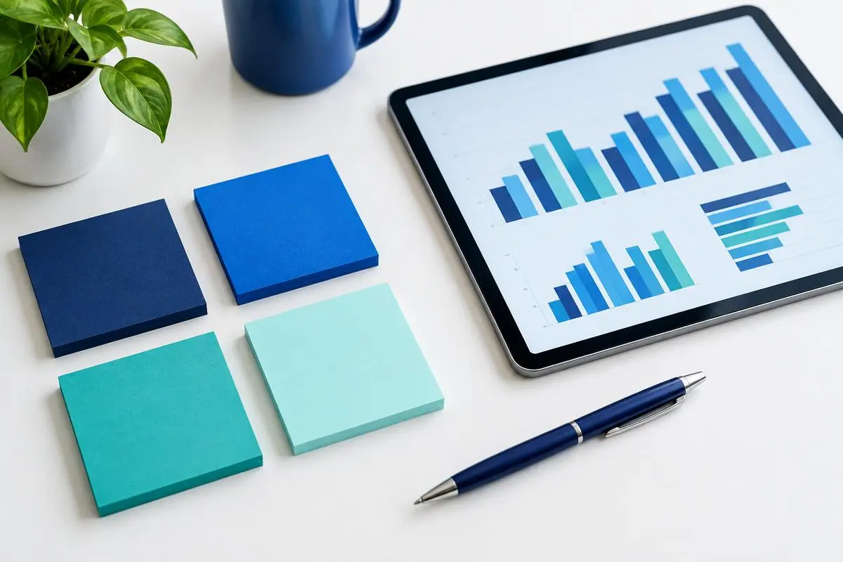 Sticky notes and a pen on a desk beside a tablet with bar charts