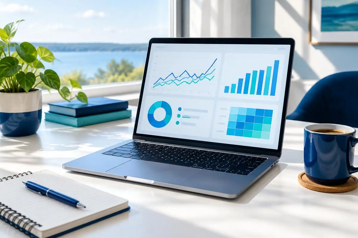Laptop on a white desk showing colorful search trend charts, notebook and coffee