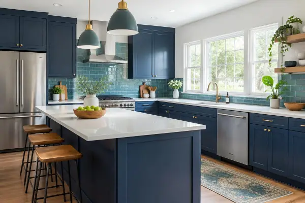 Remodeled kitchen with navy cabinets, quartz counters, and teal tile