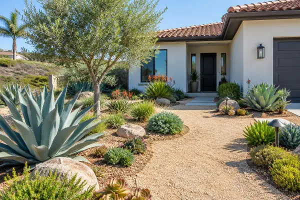 Drought tolerant front yard with agave, succulents, and a gravel path