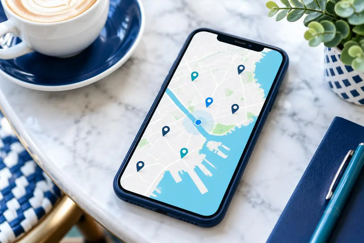 Close up of a smartphone showing a map with location pins on a cafe table