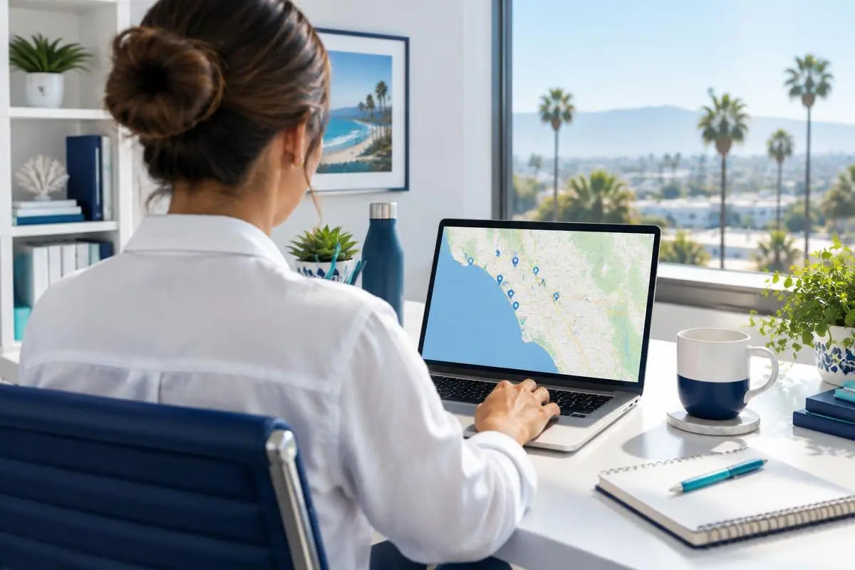 Small business owner seen from behind at a laptop showing a local map with pins, sunny Southern California office