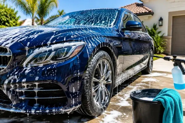 Navy car covered in wash foam during a mobile detail in a sunny driveway