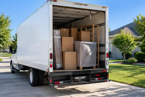 Moving truck loaded with boxes and wrapped furniture