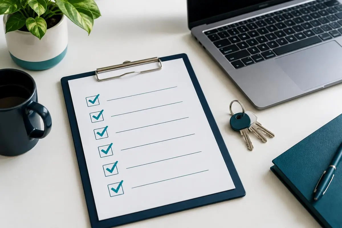 Clipboard with a checklist, keys and a laptop on a white desk