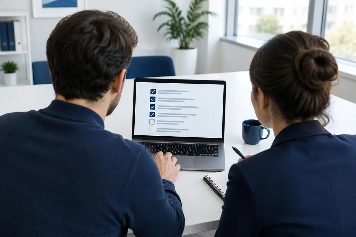 Two people seen from behind at a table reviewing a checklist on a laptop